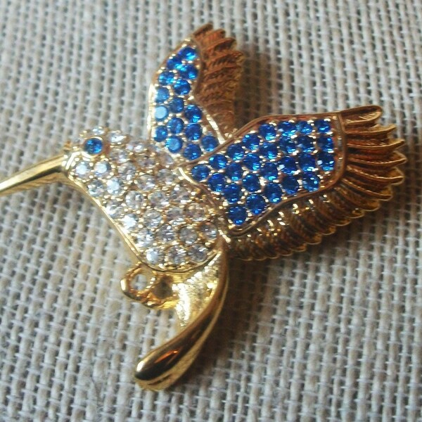 Vintage Jewelry Signed 1999 PS Co Clear Blue Rhinestones Hummingbird Brooch Pin 82516