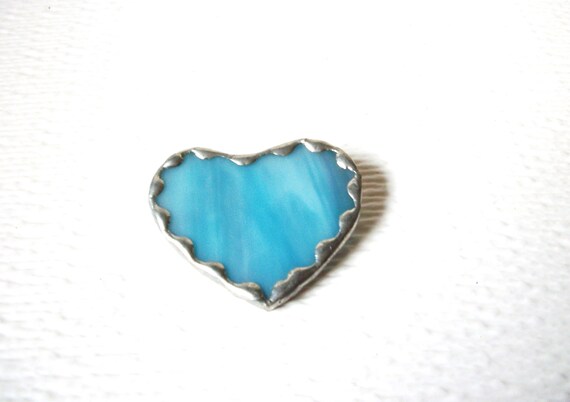 Frosted Blue Glass Silver Toned Vintage Heart Bro… - image 3