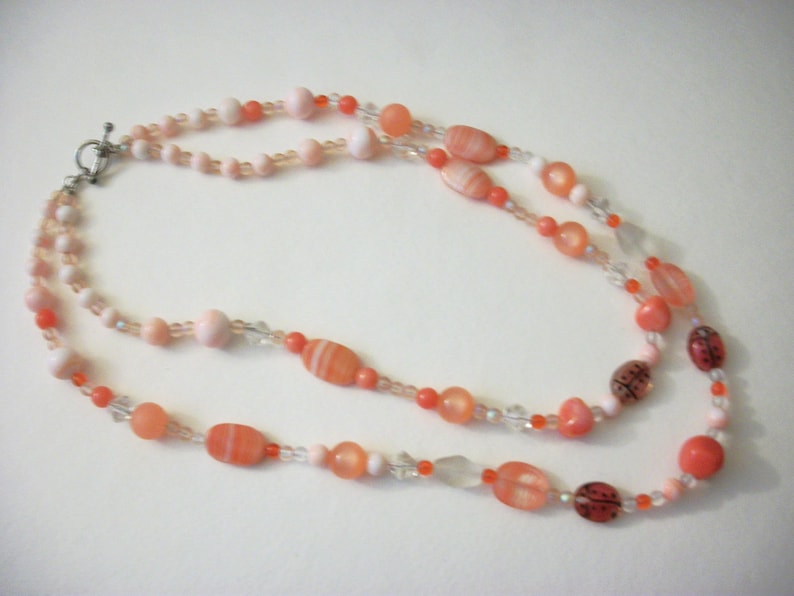 Retro Double Row All Glass Beads Lamp Work Lady Bugs Necklace 5817