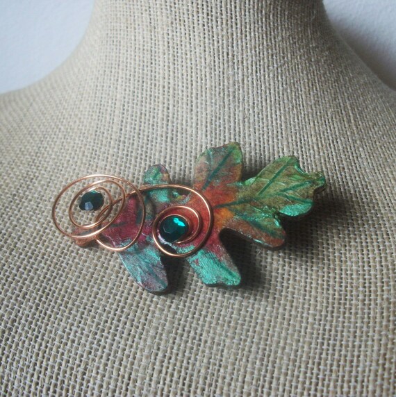 Hand Crafted Fall Leaf Copper Wired Green Rhinest… - image 1