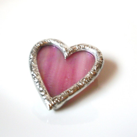 Vintage 1950s Frosted Glass Heart Brooch Pin 1113… - image 1