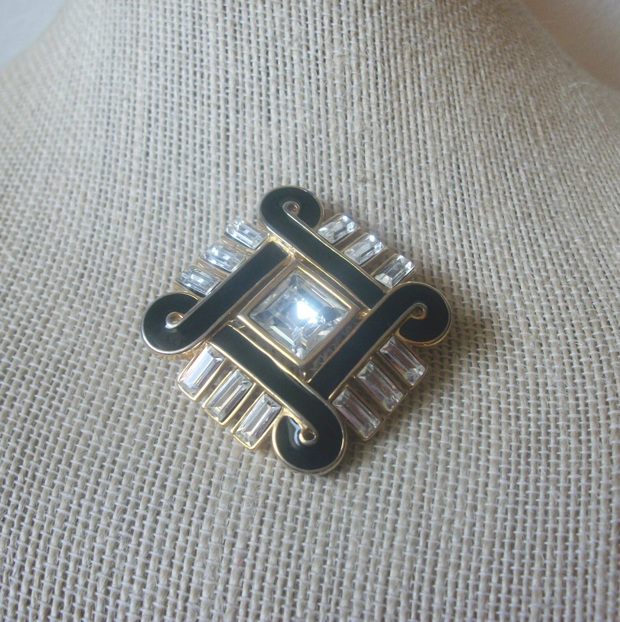 Vintage Jewelry Signed TRIFARI Black Enameled Clear Glass Crystals