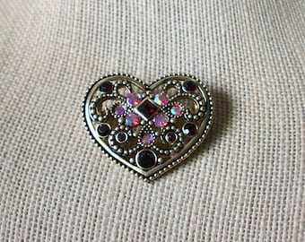 Vintage Brooch Pin Victorian Gold Toned Ruby Red Aurora Borelias AB Crystal Rhinestone Heart 1 1/4&quot; Long 81217