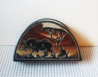 Vintage Safari Rhino Soap Stone Hand Painted Napkin Holder Gift