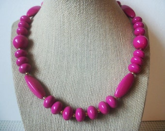 Vintage Necklace 18" Long Bright Pink Old Plastic Gold Tone Spacers 41520