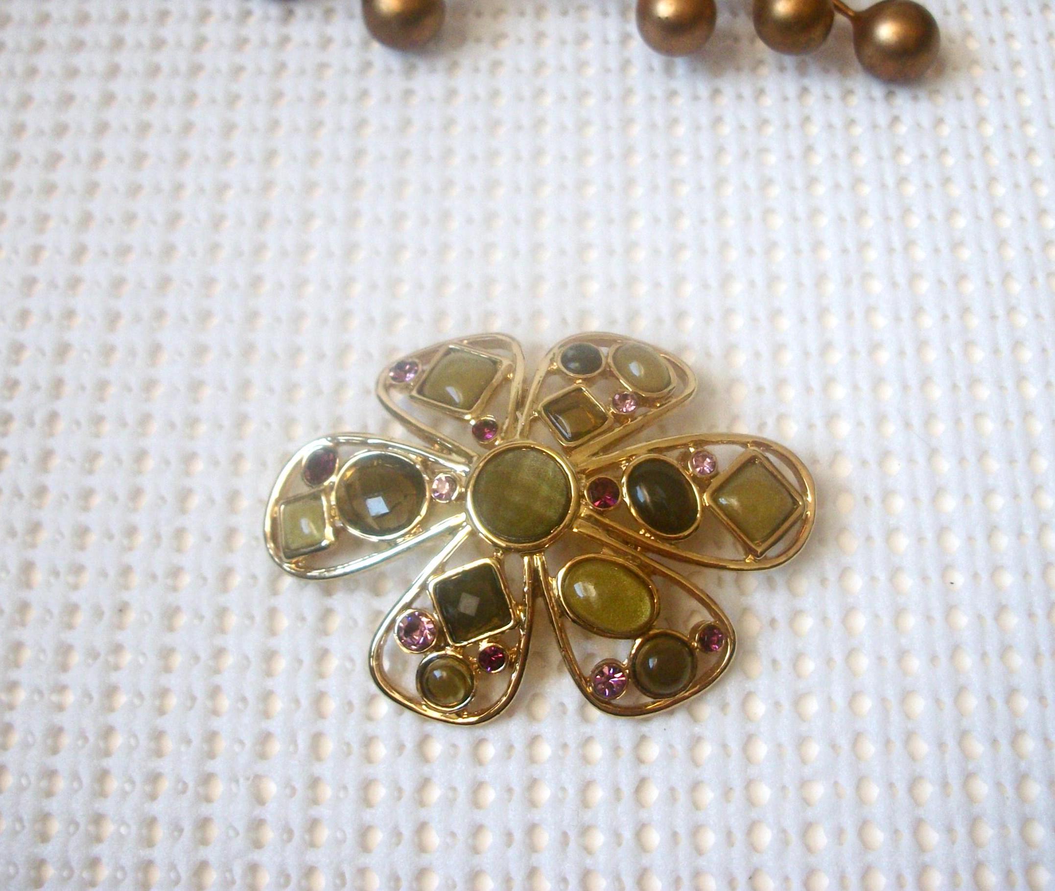 Vintage Brooch Pin, Olive Glass Amethyst Rhinestones Modernist Flower Gold Tone 7817 Gift For Her Wife