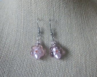 Vintage Pierced Earrings Silver Toned Pink Flower Art Glass 51416 Gift For Her Wife