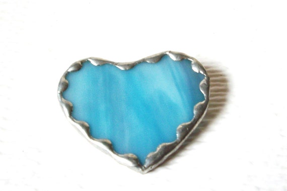 Frosted Blue Glass Silver Toned Vintage Heart Bro… - image 1