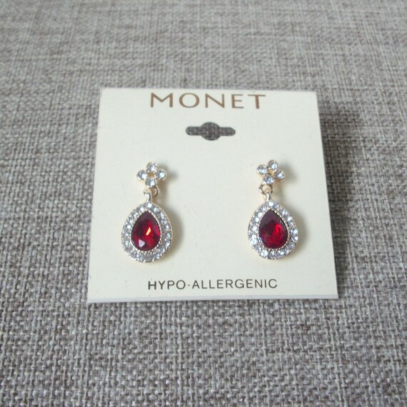 Vintage Signed MONET Red Ruby Clear Crystals Pier… - image 1