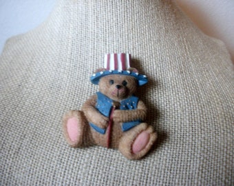 July 4th Patriotic Bear Resin Painted Vintage Jewelry Brooch Pin 102716