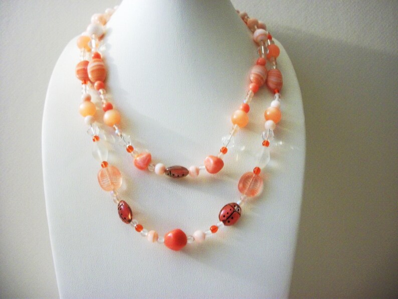 Retro Double Row All Glass Beads Lamp Work Lady Bugs Necklace 5817
