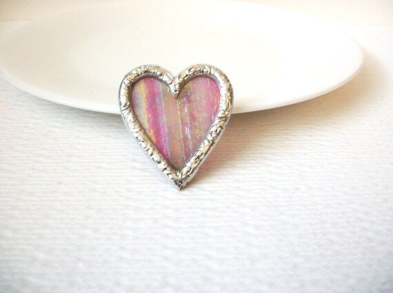 Vintage 1950s Frosted Glass Heart Brooch Pin 1113… - image 3