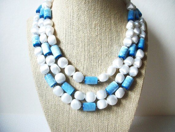 Vintage Jewelry 18" JAPAN Designer, Pressed Molded Lucite, Triple Row Blue White, Necklace 91417 View 4