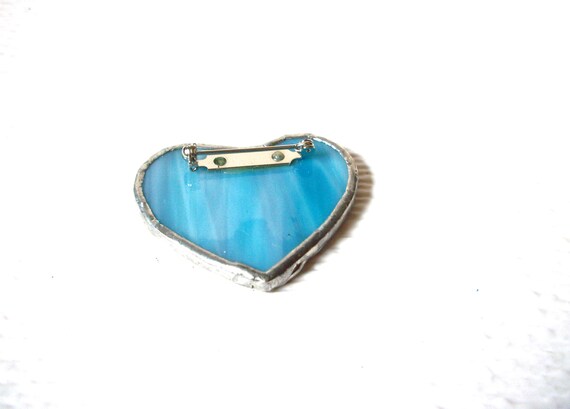 Frosted Blue Glass Silver Toned Vintage Heart Bro… - image 4