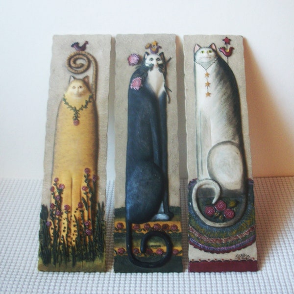 3 Vintage E. Smithson 3D Plaque | Folk Cat Art Tile | Wall Art Cat Panels Wall Decor C300