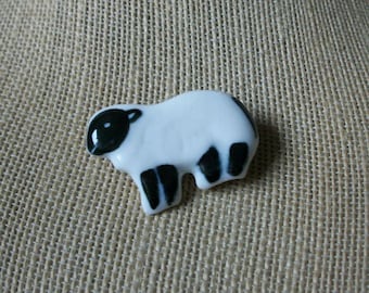 Vintage Brooch Pin, Black White Sheep Hand Painted Ceramic 031121
