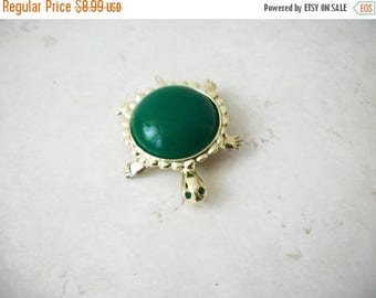 ON SALE Vintage Gold Tone Green Rhinestone Eyes Turtle Pin 62717