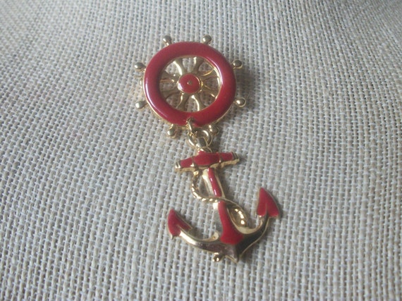 Vintage Jewelry Nautical Ship Anchor, Red Enamele… - image 1