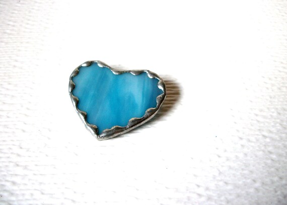 Frosted Blue Glass Silver Toned Vintage Heart Bro… - image 2