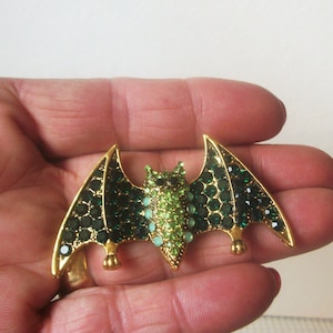 Vintage Halloween Bat Brooch: Emerald Green Rhinestone Pin Gift For Her Wife