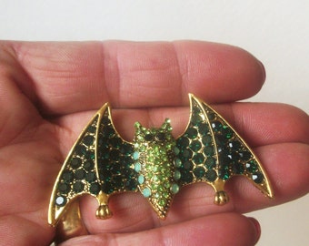 Gorgeous Vintage Jewelry Stunning Halloween Bat with Emerald Green Rhinestones Pin Brooch and Pendant 022521 Gift For Her Wife