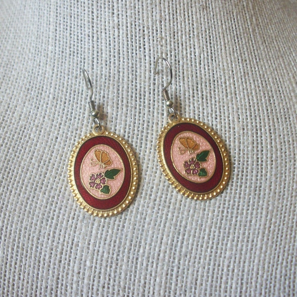 Vintage Jewelry, Victorian Earrings, Cloisonne, Pierced Dangle Earrings 71218G