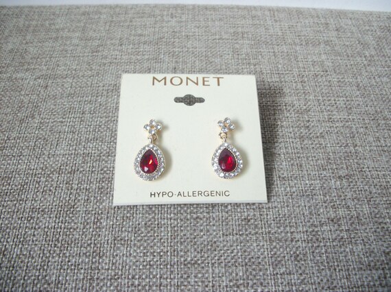 Vintage Signed MONET Red Ruby Clear Crystals Pier… - image 3