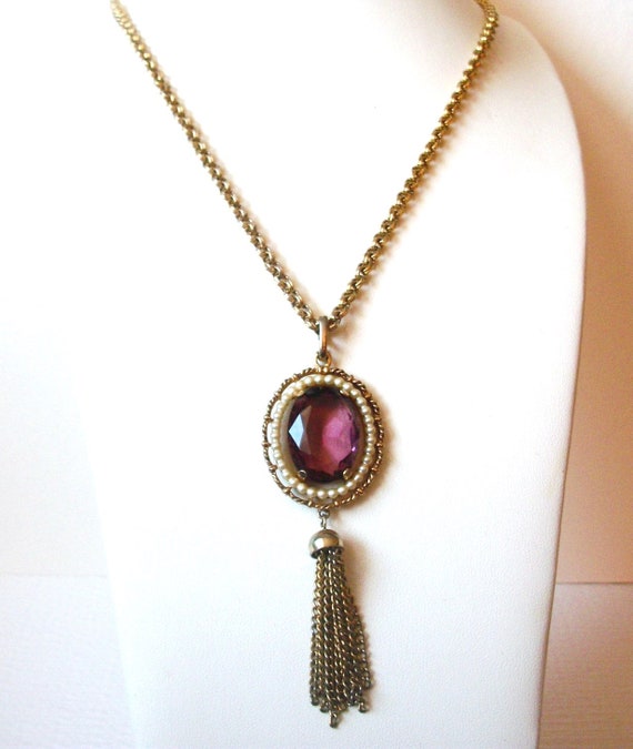 Pendant Tassel Necklace AVON Gold Toned Chain Fau… - image 2