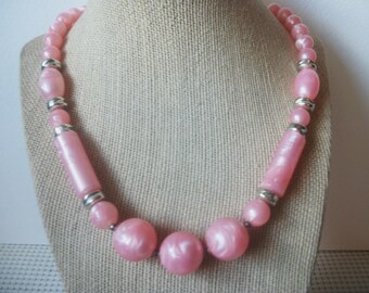 Vintage Necklace, 18" Long Pink Lucite Silver Spacers, 41520