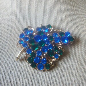 May include: A gold-tone metal brooch shaped like a leaf, densely encrusted with round, faceted blue and emerald green rhinestones. The design features a prominent stem and a cluster of sparkling stones arranged to mimic the texture of foliage.