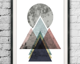 Mountain Abstract, Mountain Print, Geometric Art, Triangles Print, Large Printable, Mid Century Abstract, Circle Wall Art, Triangle Print