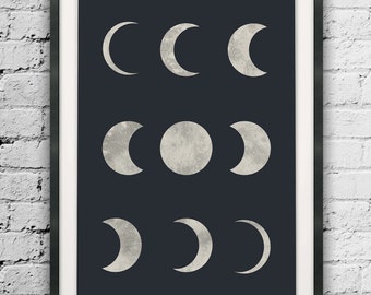 Maan Print met maanstanden, ruimte kunst, kunst aan de muur maan fasen, zwarte achtergrond muur Print, grote afdrukformaat, maan Art, minimalistische Art Print