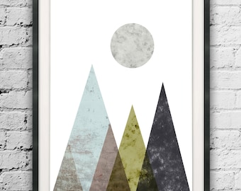 Geometric Print, Watercolor Mountains Print, Large Mountains, Abstract Triangle, Mountains Art, Minimalist Abstract, Watercolor Printable