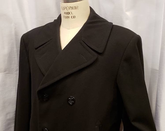 Vintage Mens Military Pea Coat 44 Long Blue Black With Anchor Buttons