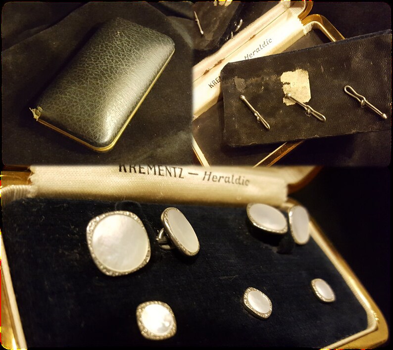 Art Deco ~ Mens Formal Stud ~ Krementz ~ Hearldic ~ Shirt Studs ~ Cuff Links ~ Mother of Pearl ~ Original Mirrored Box