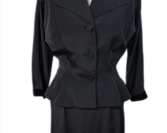 Vintage Black Rayon Dress and Jacket Set, 1940s 1950s Cocktail Evening Wear