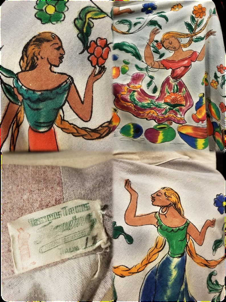 May include: A white fabric with a colorful Mexican folk art design featuring women in traditional clothing and floral patterns. The fabric has a label that reads "Mexican Traditions".