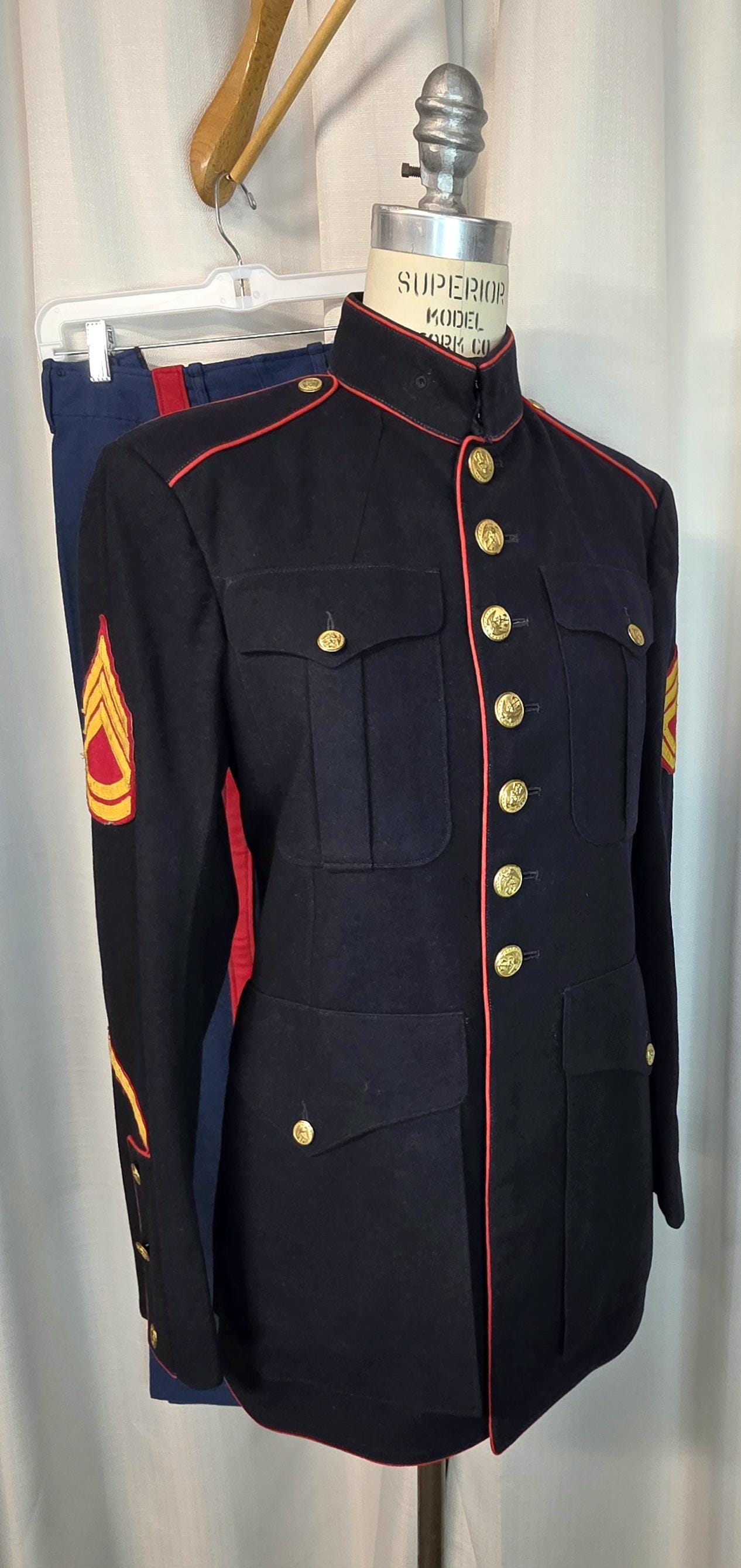 Vintage USMC NCO Dress Blues Uniform: Wool Coat and Trousers, Gunnery Sergeant Stripes, Named L@@k!!!