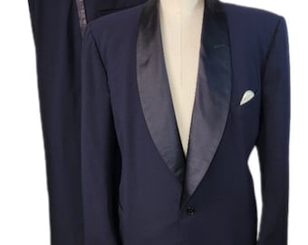Vintage Men's Tuxedo Midnight Blue Silk Shawl Lapel Suit – Made in USA, Size L