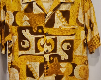 Vintage Geometric Hawaiian Shirt, Vibrant Cotton Tiki Design