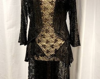 Vintage ~ Womens ~ Incredible ~ 1930s ~ Black Lace ~ Party ~ Gatsby ~ Dress with Jacket ~ Amazing Details ~ Wearable Size ~