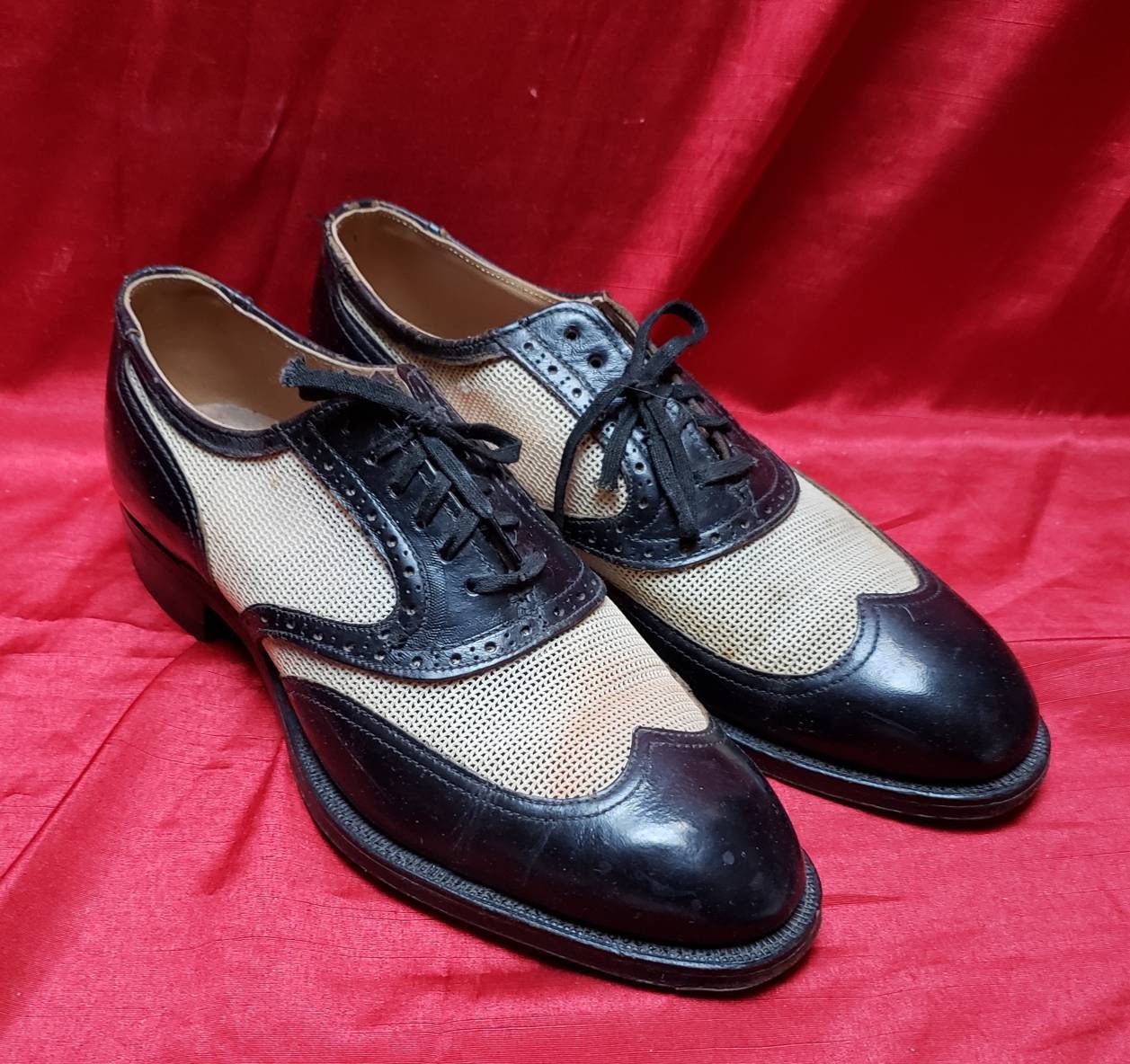 Vintage 1950s Black and White Wingtip Shoes and Red Pumps