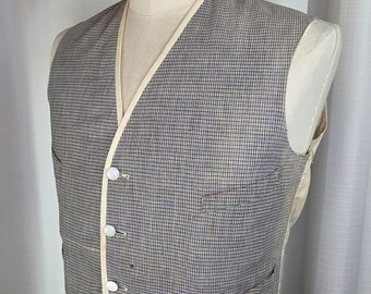 Vintage Mens Single Breasted Full Chest Plaid Waistcoat Full Back 4 Pocket Cream White Grey Vest Must See!!!
