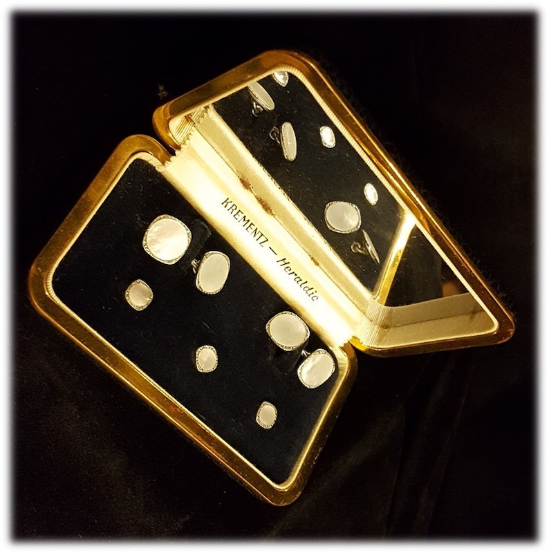 Art Deco ~ Mens Formal Stud ~ Krementz ~ Hearldic ~ Shirt Studs ~ Cuff Links ~ Mother of Pearl ~ Original Mirrored Box