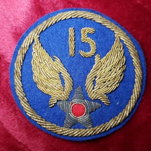 Peut inclure: Un écusson en feutre bleu avec des ailes brodées en or et une étoile avec un centre rouge. Le numéro "15" est brodé en or au-dessus des ailes.