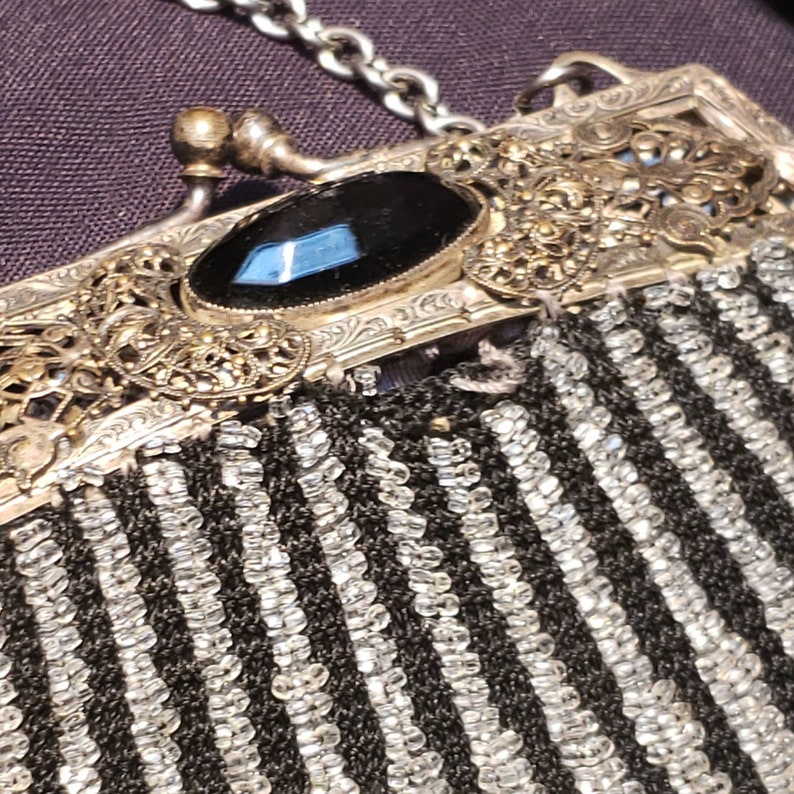 Vintage ~ Beautiful ~ Glass Beaded ~ Handbag ~ Purse ~ 1920/'s ~ Black ~ Silver ~ Handmade ~ Flapper ~ Gatsby ~ L@@k!!!