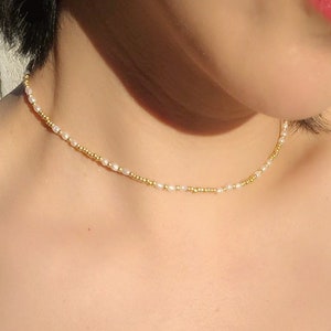 Ora Tiny Gold Beaded Fresh Water Baroque Pearl Choker Necklace, Handmade Beaded Layered Necklace Gift for Her, Birthday Gift for Her