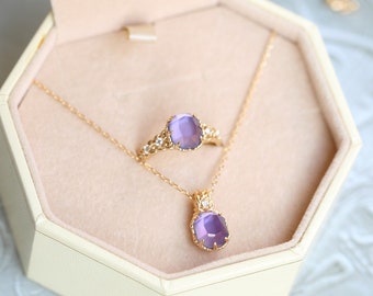 Lynsey Amethyst Necklace and Ring Jewelry Set, Dainty Amethyst Ring, Celestial Gift for Her,