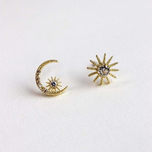 Celeste Sun and Moon Mismatched Earrings, Gold Solar Crystal Sun Moon Earrings, Constellation Earrings Birthday Gift for Her