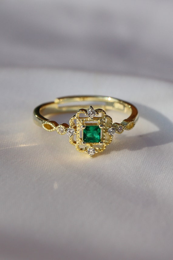 Mathilda Emerald Green Gemstone Gold Ring Unique Dainty Green | Etsy
